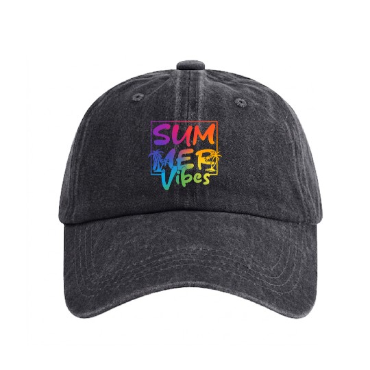 Summer Vibes Colorful Palm Retro Summer Washed Denim Baseball Caps
