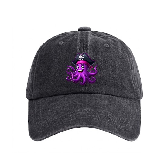 Funny pirate octopus Washed Denim Baseball Caps