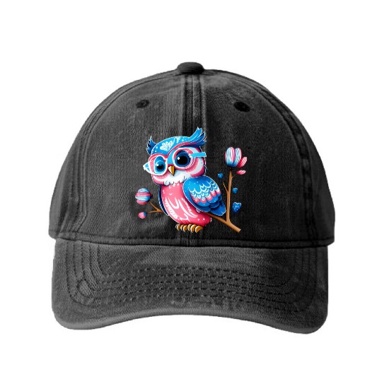 Red White and Blue Owl Washed Denim Baseball Caps