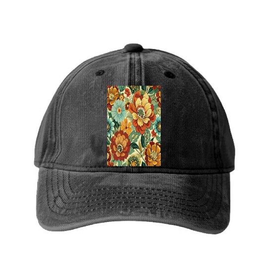 Timeless Blossoms: A Vintage Floral Tapestry Washed Denim Baseball Caps