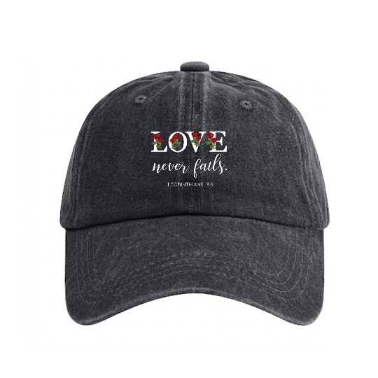 Love Never Fails Floral Typography Washed Denim Baseball Caps