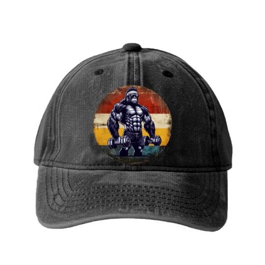 Muscular Gorilla Bodybuilder Gym Workout Sunset Washed Denim Baseball Caps