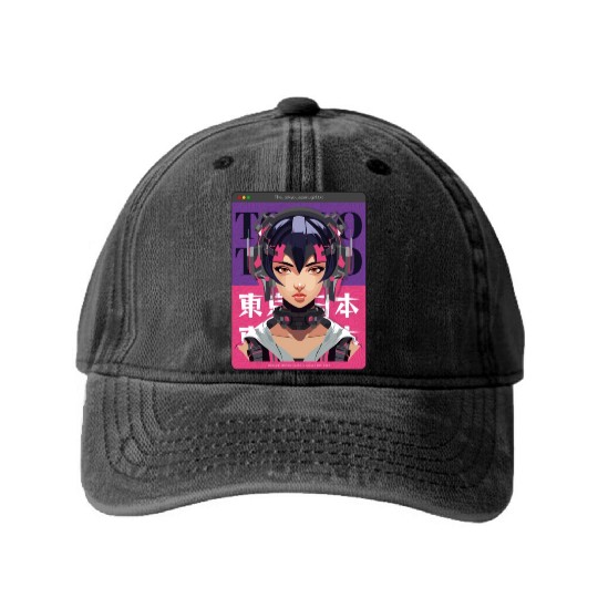 Cyberpunk Anime Streetwear Design Washed Denim Baseball Caps