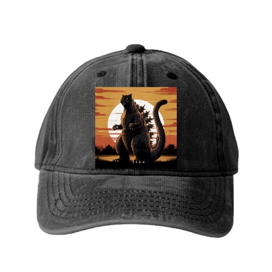 Catzilla Cat Japanese Art Funny Cat Gifts Washed Denim Baseball Caps