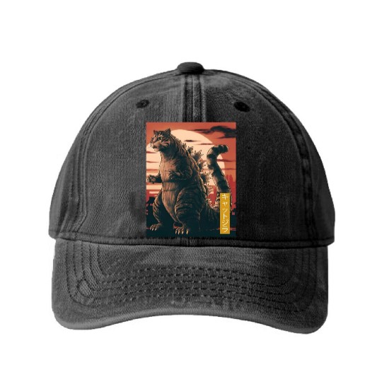 Funny Cute Cat Art Japanese Sunset Retro Catzilla Washed Denim Baseball Caps