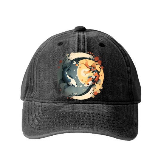 Japanese Koi Fish Yin Yang Washed Denim Baseball Caps