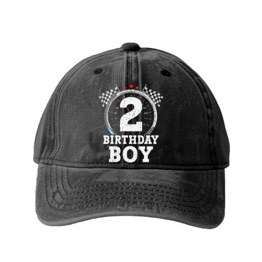 Kids 2nd Birthday Boy 2 Second Race Car Birthday Washed Denim Baseball Caps