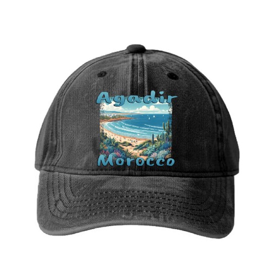 Agadir Morocco Beach Palms Nature Vacation Washed Denim Baseball Caps
