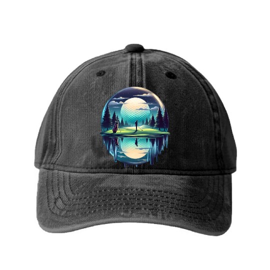 Night Golfer Escape Golfing Twilight Fairway Washed Denim Baseball Caps