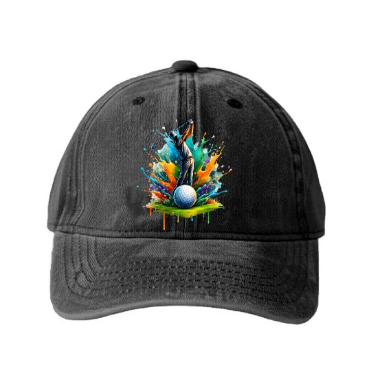 Watercolor Golf Swing Colorful Golfer Art Washed Denim Baseball Caps