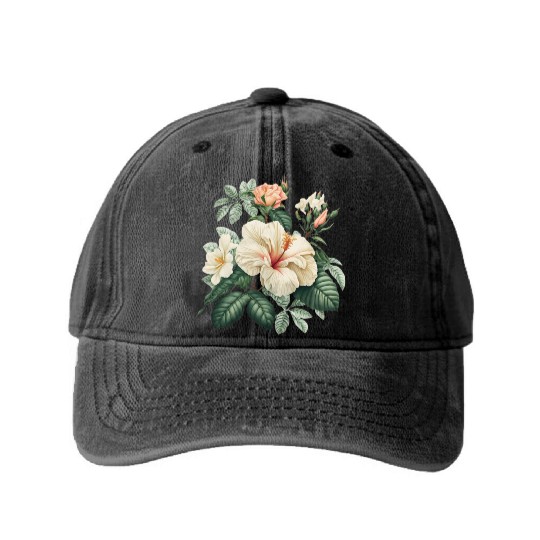 Watercolor Tropical Flowers Clipart, Tropical Washed Denim Baseball Caps