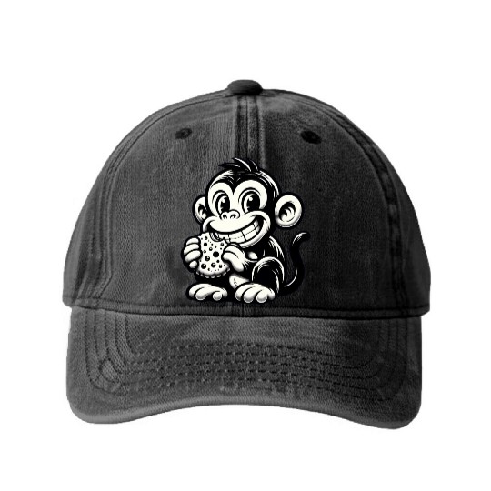 Chimpanzee with Cookie Monochrome Design Washed Denim Baseball Caps