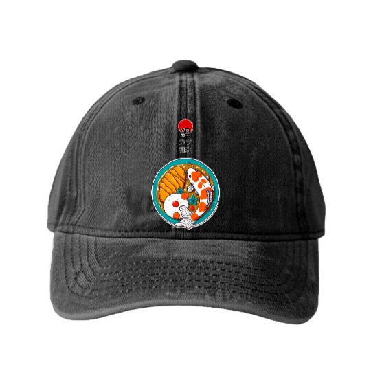 Harmony of Koi Fish and Katsu Delight Washed Denim Baseball Caps