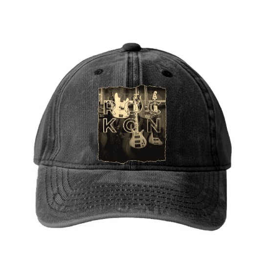 Rock On Bass Guitar Antique Music Store Design Washed Denim Baseball Caps