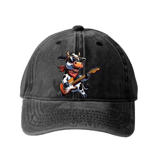 Cute Cow Playing Guitar Cows Musician Music Washed Denim Baseball Caps