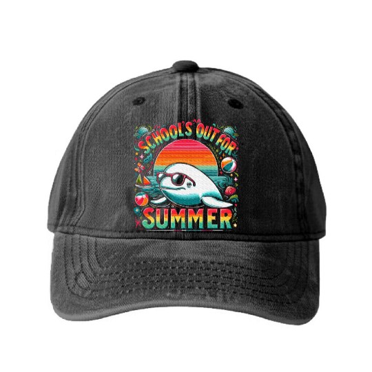 Schools Out For Summer Teacher Beluga Whale Washed Denim Baseball Caps