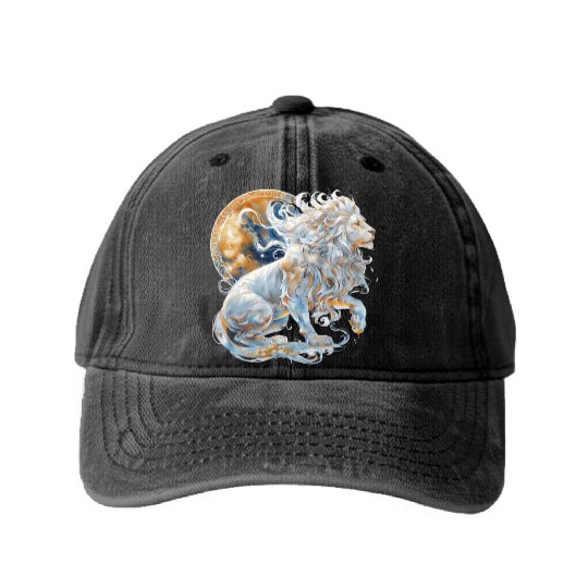 Celestial Lion Images, Mystical Lion, Night sky Washed Denim Baseball Caps
