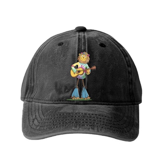 Hippie Scarecrow Playing Guitar Washed Denim Baseball Caps