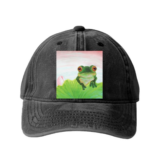 Green Frog Relaxing in the Pond Washed Denim Baseball Caps