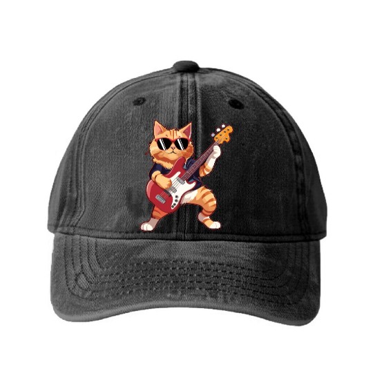 Musician Cat Plays Electric Guitar Instruments Washed Denim Baseball Caps