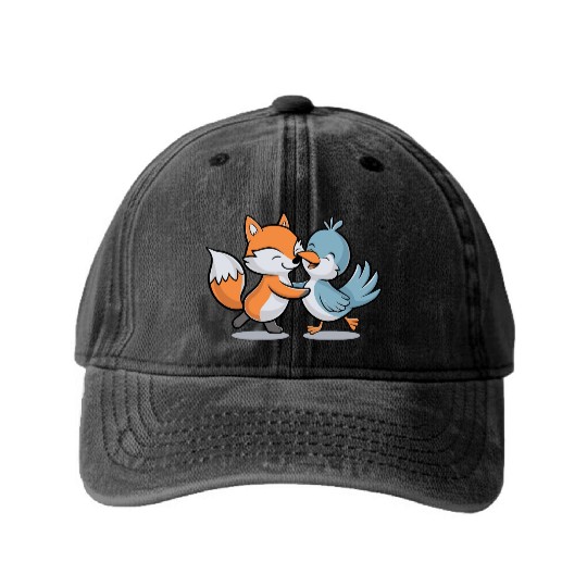Cute Fox and Bird Friends Washed Denim Baseball Caps