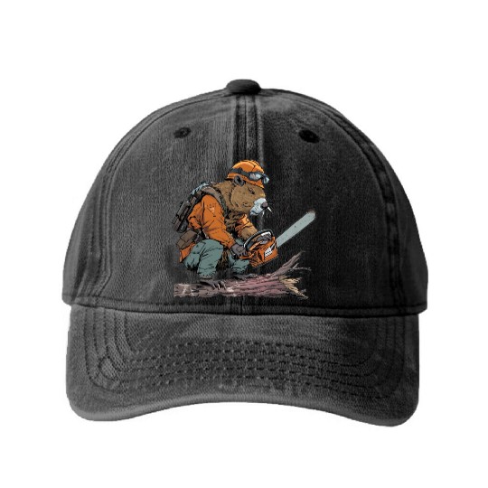 Beaver Lumberjack Chainsaw Washed Denim Baseball Caps