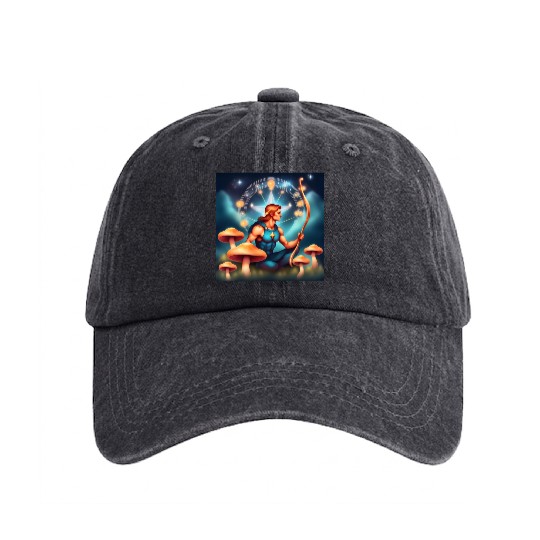 Sagittarius zodiac sign with mushrooms Washed Denim Baseball Caps