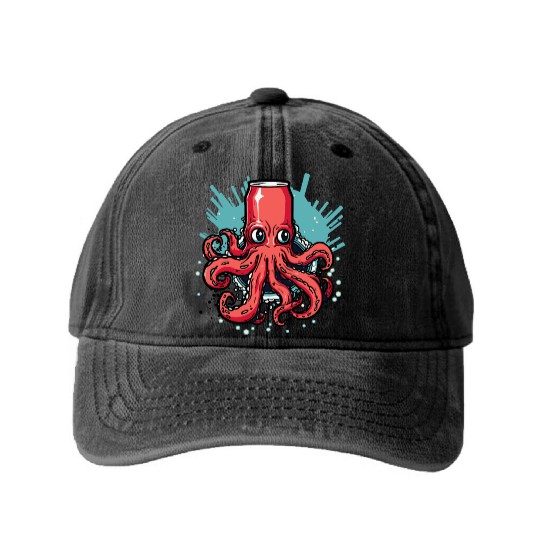 OctoFizz: Can of Octopus Soda Washed Denim Baseball Caps