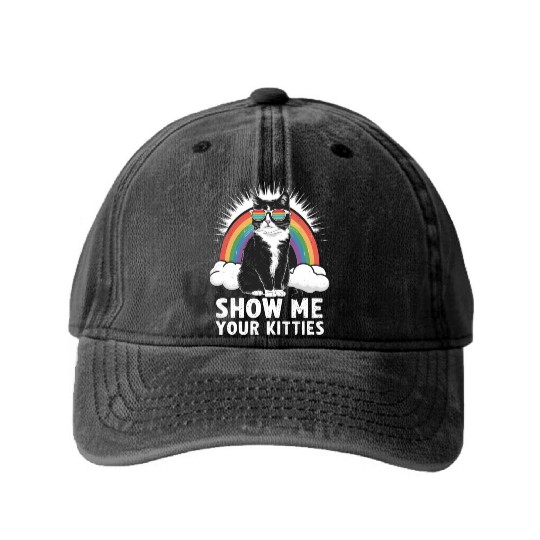 Show Me Your Kitties Funny Lesbian Gay Pride LGBT Washed Denim Baseball Caps