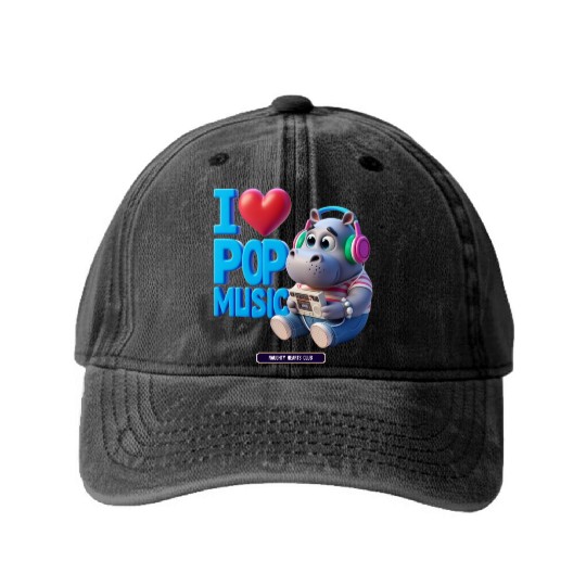 hippopotamus listening to pop music Washed Denim Baseball Caps