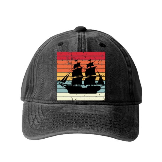 Vintage Retro Sun Set Pirate Ship Washed Denim Baseball Caps