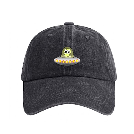 Retro Alien in Space Ship Washed Denim Baseball Caps