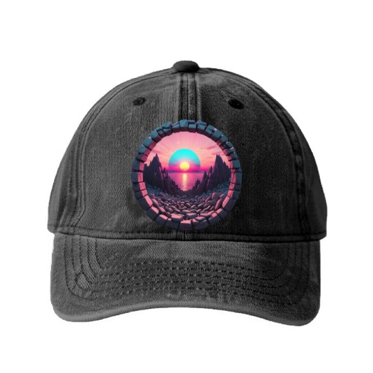 Synthwave Rocky landscape with Setting Sun Washed Denim Baseball Caps