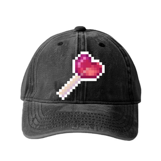 Pixel Art Sprite Cute Heart Lollipop Washed Denim Baseball Caps