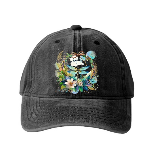 One day at a time dragonfly floral Washed Denim Baseball Caps