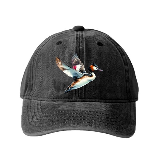 Great Crested Grebe in Flight Washed Denim Baseball Caps