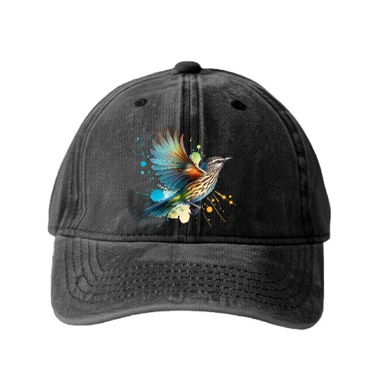 Little Wattlebird in Flight Washed Denim Baseball Caps