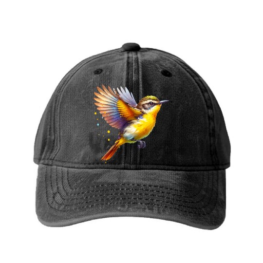 Yellow Rumped Thornbill in Flight Washed Denim Baseball Caps