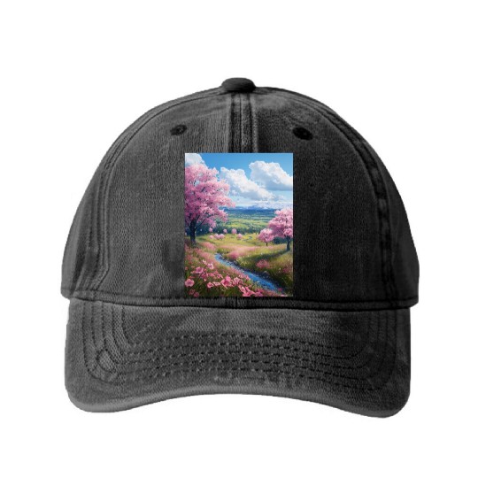 Cherry Blossom Washed Denim Baseball Caps