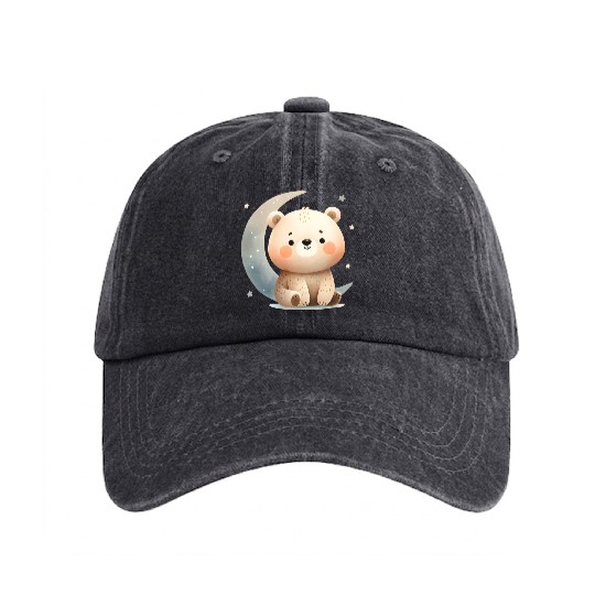 Little bear on the moon Washed Denim Baseball Caps