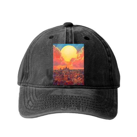 Sunset in Dublin Ireland Washed Denim Baseball Caps
