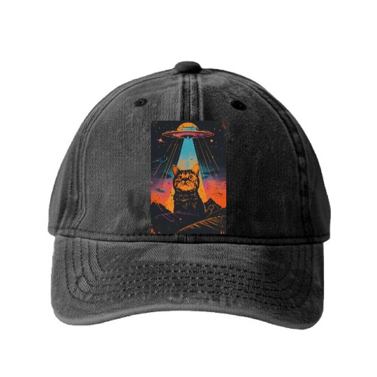 Catzilla Vintage Funny Cute Cat Art Alien and Cat Washed Denim Baseball Caps