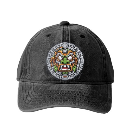 Aztec God Ancient Mythology Tonatiuh Mask Washed Denim Baseball Caps
