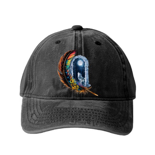 Glowing feather with wolf howling at the moon Washed Denim Baseball Caps