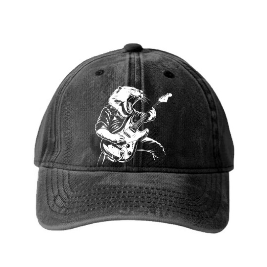 Rock and Roll Otter Guitar Washed Denim Baseball Caps