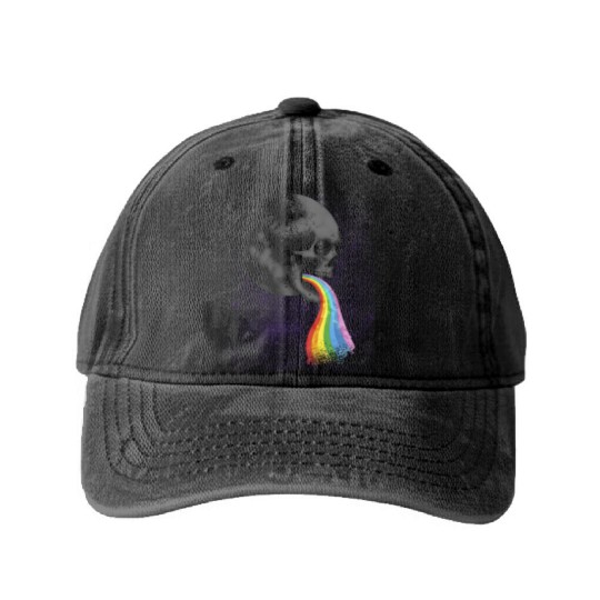 Skull Design with Rainbow. Concert Festival Washed Denim Baseball Caps
