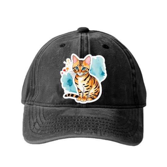 Leopard Cat Watercolor Washed Denim Baseball Caps