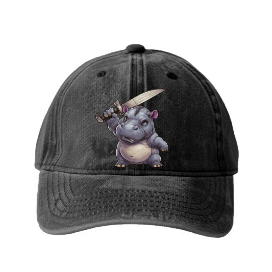 Hippo With a Sword Washed Denim Baseball Caps