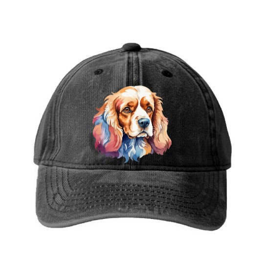 American Cocker Spaniel Watercolor Washed Denim Baseball Caps