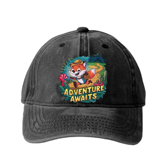 Adventure Awaits Fox Sticker – Playful Wilderness Washed Denim Baseball Caps